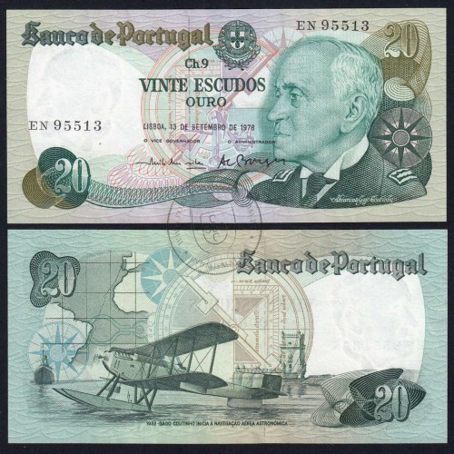20 Escudos 1978 Gago Coutinho 13/09/1978, 20$00 Twenty Escudos 13/09/1978 Plate: 9 Bank of Portugal, (C), Pick 176a