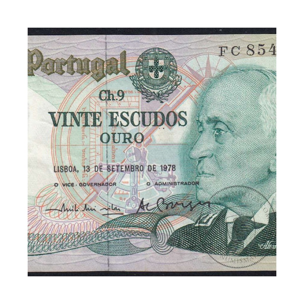 20 Escudos 1978 Gago Coutinho 13/09/1978, 20$00 Twenty Escudos 13/09/1978 Plate: 9 Bank of Portugal, (C), Pick 176a