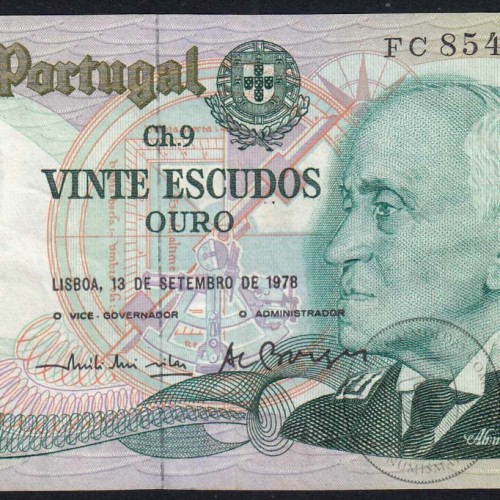 20 Escudos 1978 Gago Coutinho 13/09/1978, 20$00 Twenty Escudos 13/09/1978 Plate: 9 Bank of Portugal, (C), Pick 176a