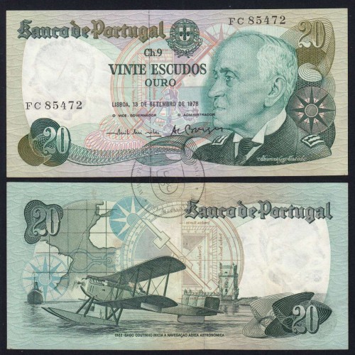 20 Escudos 1978 Gago Coutinho 13/09/1978, 20$00 Twenty Escudos 13/09/1978 Plate: 9 Bank of Portugal, (C), Pick 176a