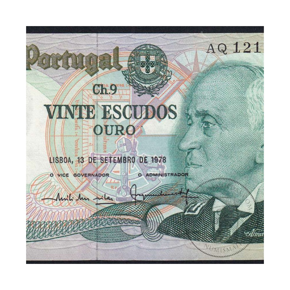 20 Escudos 1978 Gago Coutinho 13/09/1978, 20$00 Twenty Escudos 13/09/1978 Plate: 9 Bank of Portugal, (C), Pick 176a