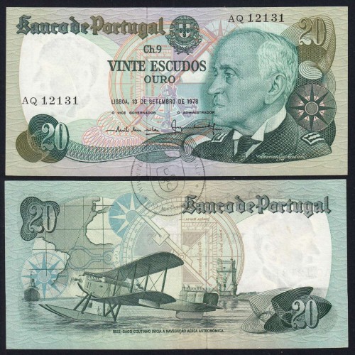 20 Escudos 1978 Gago Coutinho 13/09/1978, 20$00 Twenty Escudos 13/09/1978 Plate: 9 Bank of Portugal, (C), Pick 176a