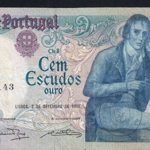 100 Escudos 1980 Bocage 02/09/1980, 100$00 One Hundred Escudos 02/09/1980 Plate: 8 Bank of Portugal, (C), Pick 178a