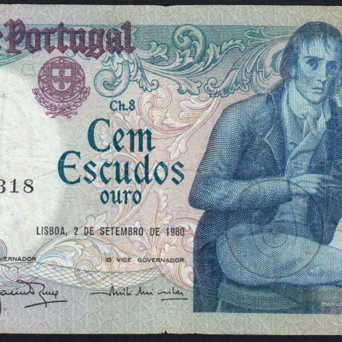 100 Escudos 1980 Bocage 02/09/1980, 100$00 One Hundred Escudos 02/09/1980 Plate: 8 Bank of Portugal, (C), Pick 178a