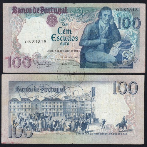 100 Escudos 1980 Bocage 02/09/1980, 100$00 Cem Escudos 02/09/1980 Chapa:8 Banco de Portugal, (C), Pick 178a
