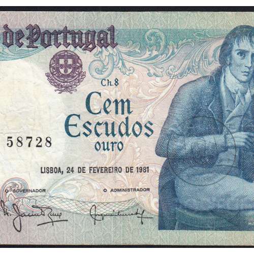 100 Escudos 1981 Bocage 24/02/1981, 100$00 One Hundred Escudos 24/02/1981 Plate: 8 Bank of Portugal, (C), Pick 178b