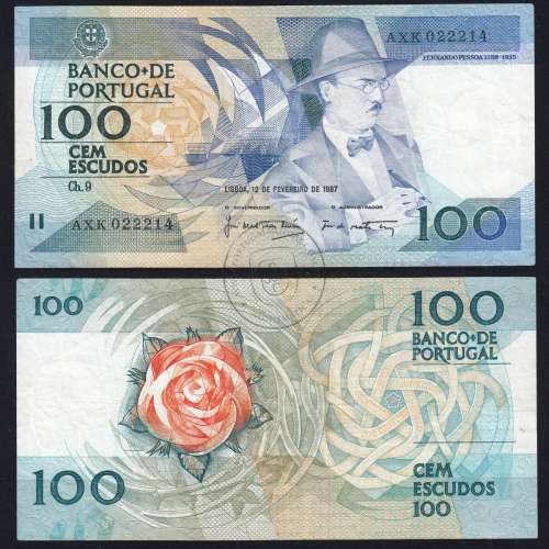 100 Escudos 1987 Fernando Pessoa 12/02/1987, 100$00 Cem Escudos 12/02/1987 Chapa:9 Banco de Portugal, (C), Pick 179b