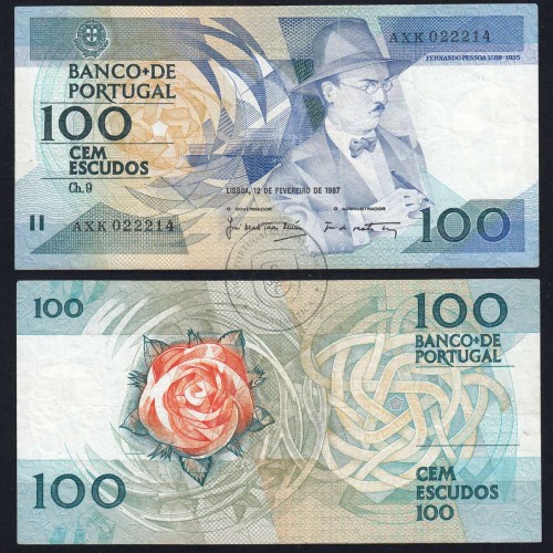 100 Escudos Fernando Pessoa 12.02.1987, One Hundred Escudos 12 february 1987 Plate 9 - Bank of Portugal, (C), Pick 179b