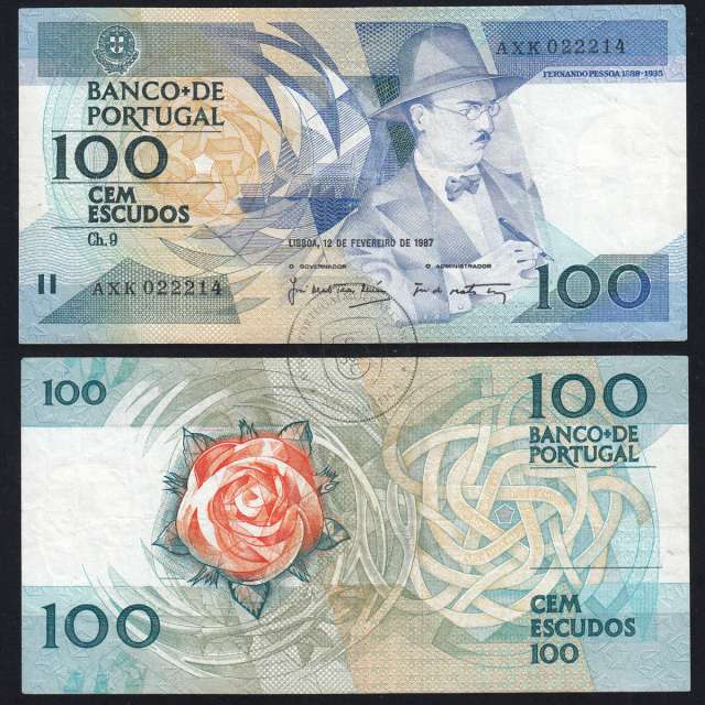 100 Escudos 1987 Fernando Pessoa 12/02/1987, 100$00 Cem Escudos 12/02/1987 Chapa:9 Banco de Portugal, (C), Pick 179b
