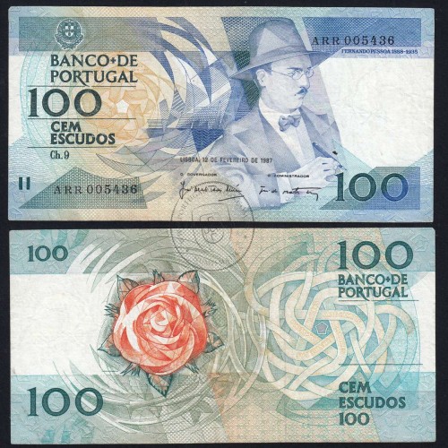 100 Escudos 1987 Fernando Pessoa 12/02/1987, 100$00 Cem Escudos 12/02/1987 Chapa:9 Banco de Portugal, (C), Pick 179b