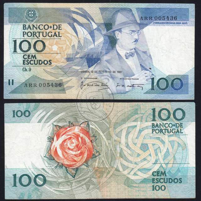 100 Escudos 1987 Fernando Pessoa 12/02/1987, 100$00 Cem Escudos 12/02/1987 Chapa:9 Banco de Portugal, (C), Pick 179b