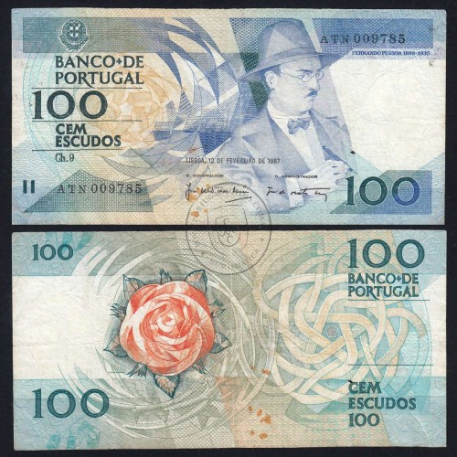 100 Escudos Fernando Pessoa 12.02.1987, One Hundred Escudos 12 february 1987 Plate 9 - Bank of Portugal, (C), Pick 179b