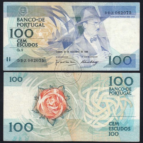 100 Escudos 1988 Fernando Pessoa 24/11/1988, 100$00 Cem Escudos 24/11/1988 Chapa:9 Banco de Portugal, (C), Pick 179f