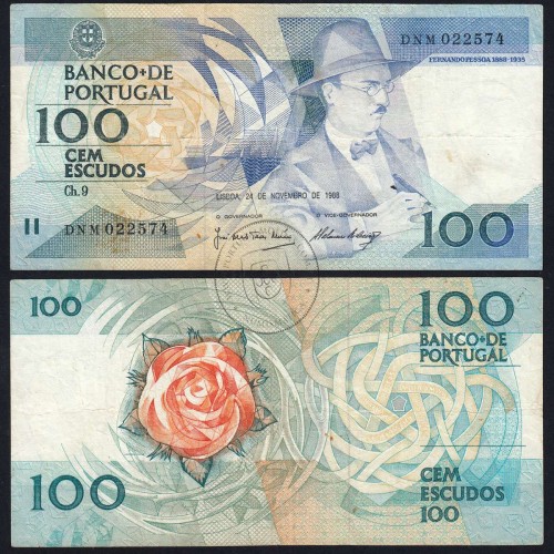 100 Escudos Fernando Pessoa 24.11.1988, One Hundred Escudos 24 november 1988 Plate 9 - Bank of Portugal, (C), Pick 179f