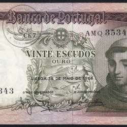 Nota de 20 Escudos 1964 Santo António, 20$00 26/05/1964 Chapa: 7 - Banco de Portugal (Pouco Circulada), Pick 167