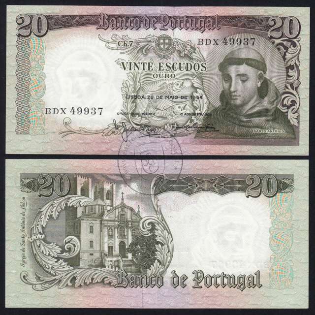 Nota de 20 Escudos 1964 Santo António, 20$00 26/05/1964 Chapa: 7 - Banco de Portugal (Pouco Circulada), Pick 167
