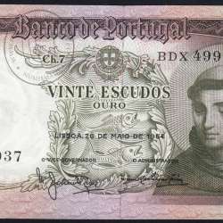 Nota de 20 Escudos 1964 Santo António, 20$00 26/05/1964 Chapa: 7 - Banco de Portugal (Pouco Circulada), Pick 167