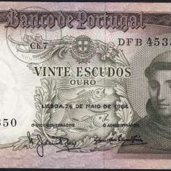 Nota de 20 Escudos 1964 Santo António, 20$00 26/05/1964 Chapa: 7 - Banco de Portugal (Pouco Circulada), Pick 167