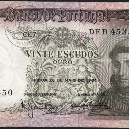 Nota de 20 Escudos 1964 Santo António, 20$00 26/05/1964 Chapa: 7 - Banco de Portugal (Pouco Circulada), Pick 167