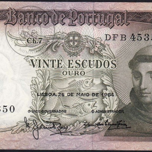 20 Escudos Banknote 1964 Saint Anthony, 20$00 26/05/1964 Plate: 7 - Bank of Portugal (Little Circulated), Pick 167