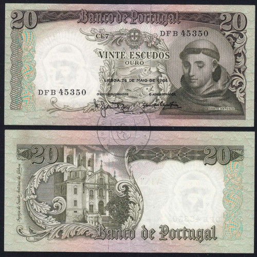 Nota de 20 Escudos 1964 Santo António, 20$00 26/05/1964 Chapa: 7 - Banco de Portugal (Pouco Circulada), Pick 167