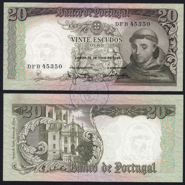 Nota de 20 Escudos 1964 Santo António, 20$00 26/05/1964 Chapa: 7 - Banco de Portugal (Pouco Circulada), Pick 167