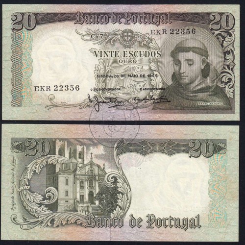Nota de 20 Escudos 1964 Santo António, 20$00 26/05/1964 Chapa: 7 - Banco de Portugal (Circulada), Pick 167