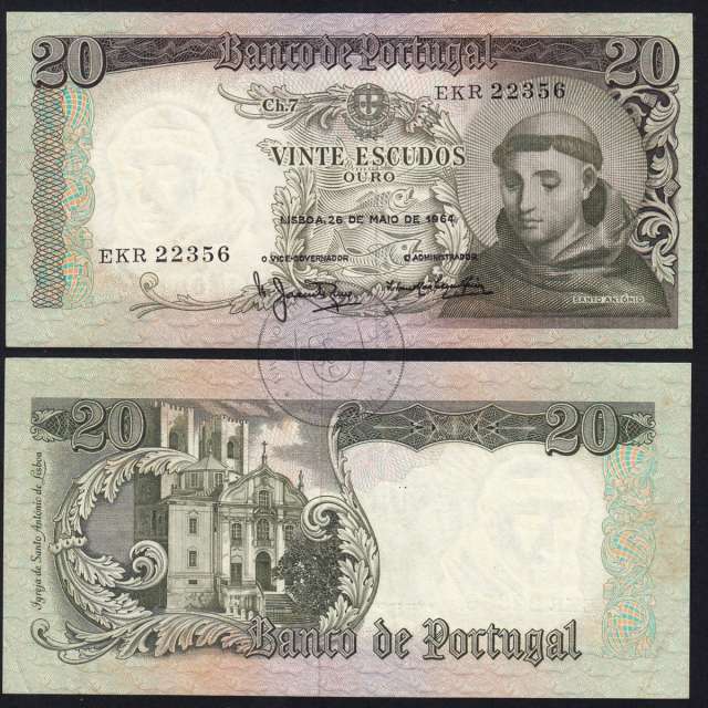 Nota de 20 Escudos 1964 Santo António, 20$00 26/05/1964 Chapa: 7 - Banco de Portugal (Circulada), Pick 167