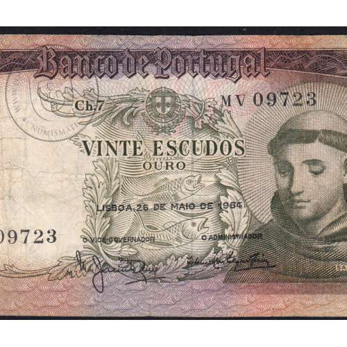 20 Escudos Banknote 1964 Saint Anthony, 20$00 26/05/1964 Plate: 7 - Bank of Portugal (Circulated), Pick 167