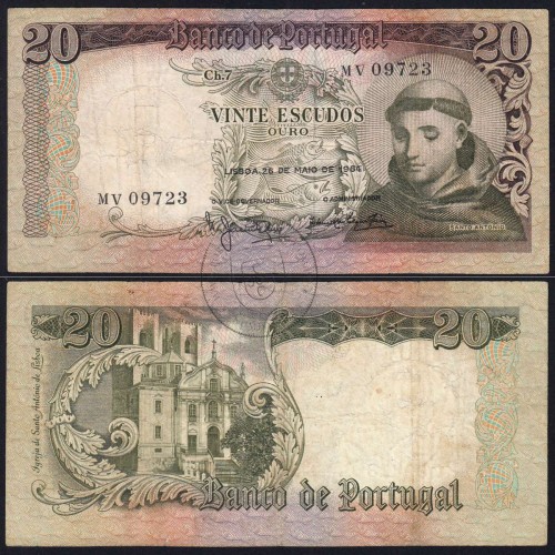 Nota de 20 Escudos 1964 Santo António, 20$00 26/05/1964 Chapa: 7 - Banco de Portugal (Circulada), Pick 167