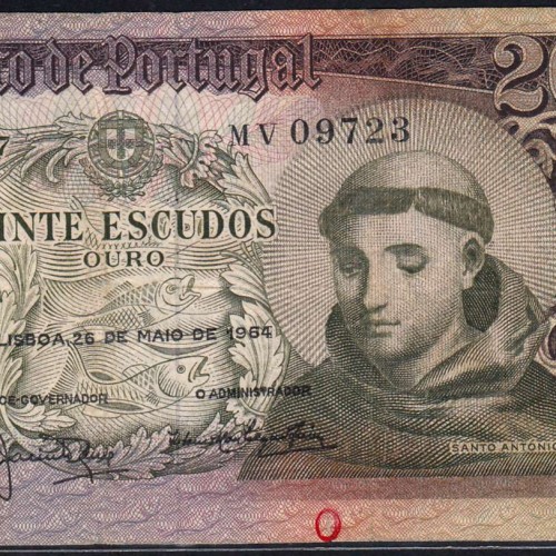 Nota de 20 Escudos 1964 Santo António, 20$00 26/05/1964 Chapa: 7 - Banco de Portugal (Circulada), Pick 167