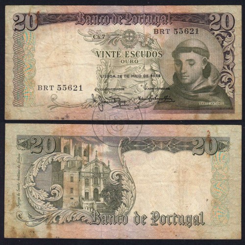 20 Escudos Banknote 1964 Saint Anthony, 20$00 26/05/1964 Plate: 7 - Bank of Portugal (Circulated), Pick 167