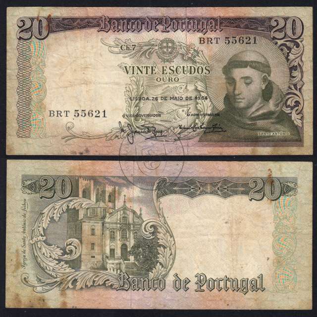 20 Escudos Banknote 1964 Saint Anthony, 20$00 26/05/1964 Plate: 7 - Bank of Portugal (Circulated), Pick 167