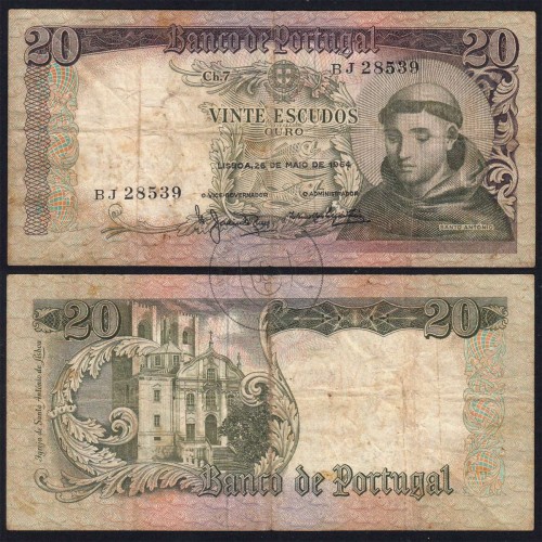 20 Escudos Banknote 1964 Saint Anthony, 20$00 26/05/1964 Plate: 7 - Bank of Portugal (Circulated), Pick 167