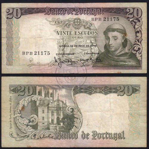 20 Escudos Banknote 1964 Saint Anthony, 20$00 26/05/1964 Plate: 7 - Bank of Portugal (Circulated), Pick 167