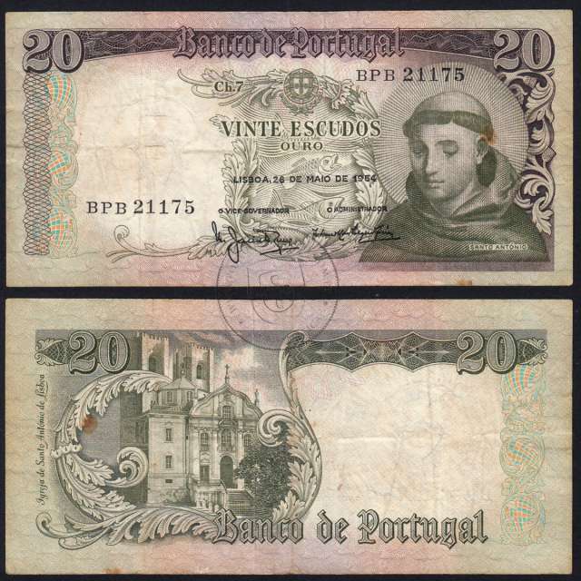 20 Escudos Banknote 1964 Saint Anthony, 20$00 26/05/1964 Plate: 7 - Bank of Portugal (Circulated), Pick 167