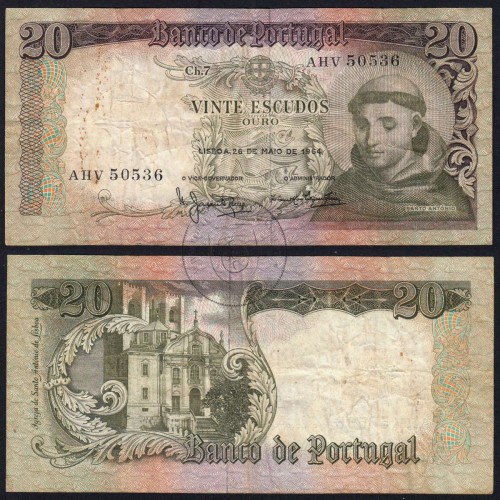 20 Escudos Banknote 1964 Saint Anthony, 20$00 26/05/1964 Plate: 7 - Bank of Portugal (Circulated), Pick 167