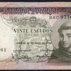 20 Escudos Banknote 1964 Saint Anthony, 20$00 26/05/1964 Plate: 7 - Bank of Portugal (Circulated), Pick 167