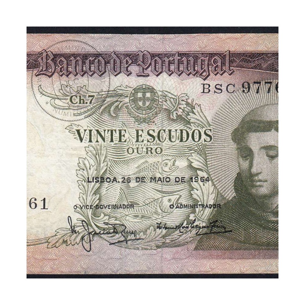 Nota de 20 Escudos 1964 Santo António, 20$00 26/05/1964 Chapa: 7 - Banco de Portugal (Circulada), Pick 167
