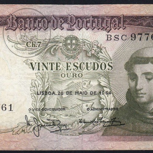 20 Escudos Banknote 1964 Saint Anthony, 20$00 26/05/1964 Plate: 7 - Bank of Portugal (Circulated), Pick 167
