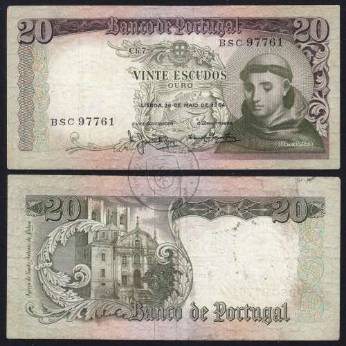 20 Escudos Banknote 1964 Saint Anthony, 20$00 26/05/1964 Plate: 7 - Bank of Portugal (Circulated), Pick 167