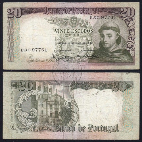 20 Escudos Banknote 1964 Saint Anthony, 20$00 26/05/1964 Plate: 7 - Bank of Portugal (Circulated), Pick 167