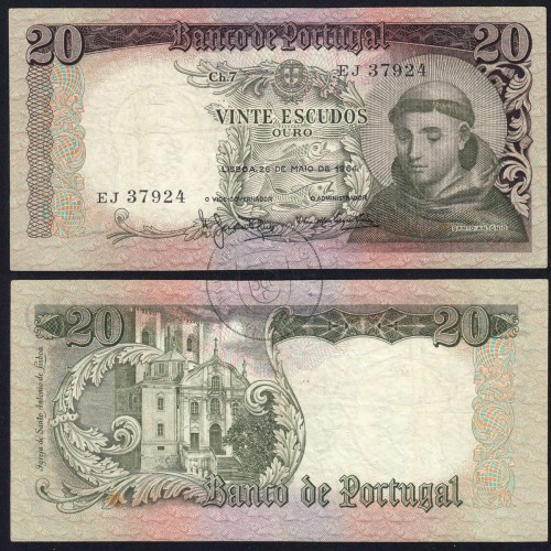 20 Escudos Banknote 1964 Saint Anthony, 20$00 26/05/1964 Plate: 7 - Bank of Portugal (Circulated), Pick 167