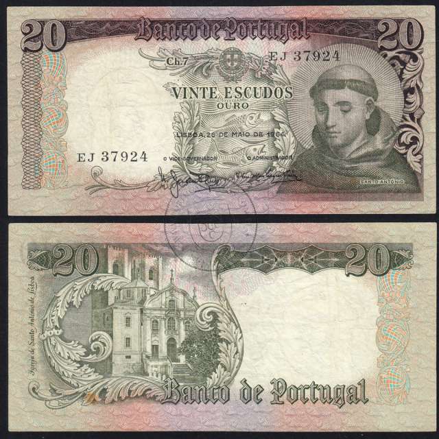 Nota de 20 Escudos 1964 Santo António, 20$00 26/05/1964 Chapa: 7 - Banco de Portugal (Circulada), Pick 167