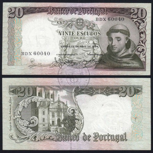Nota de 20 Escudos 1964 Santo António, 20$00 26/05/1964 Chapa: 7 - Banco de Portugal (Circulada), Pick 167