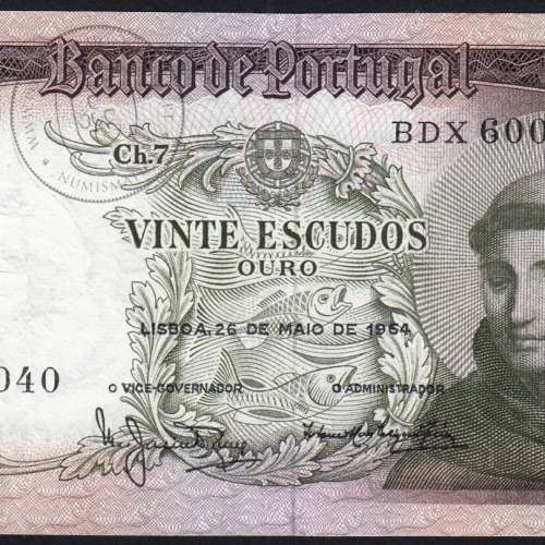 20 Escudos Banknote 1964 Saint Anthony, 20$00 26/05/1964 Plate: 7 - Bank of Portugal (Circulated), Pick 167