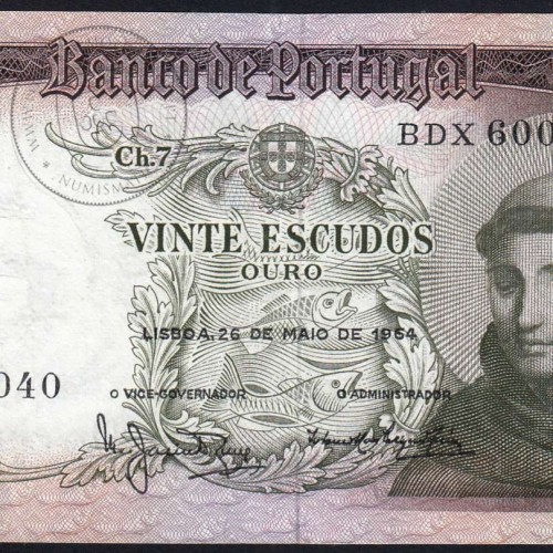 Nota de 20 Escudos 1964 Santo António, 20$00 26/05/1964 Chapa: 7 - Banco de Portugal (Circulada), Pick 167