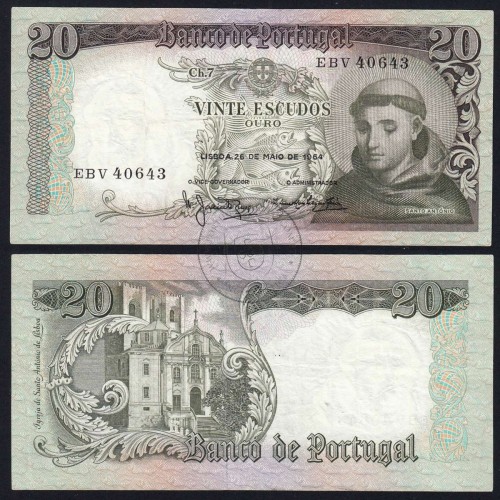 20 Escudos Banknote 1964 Saint Anthony, 20$00 26/05/1964 Plate: 7 - Bank of Portugal (Circulated), Pick 167