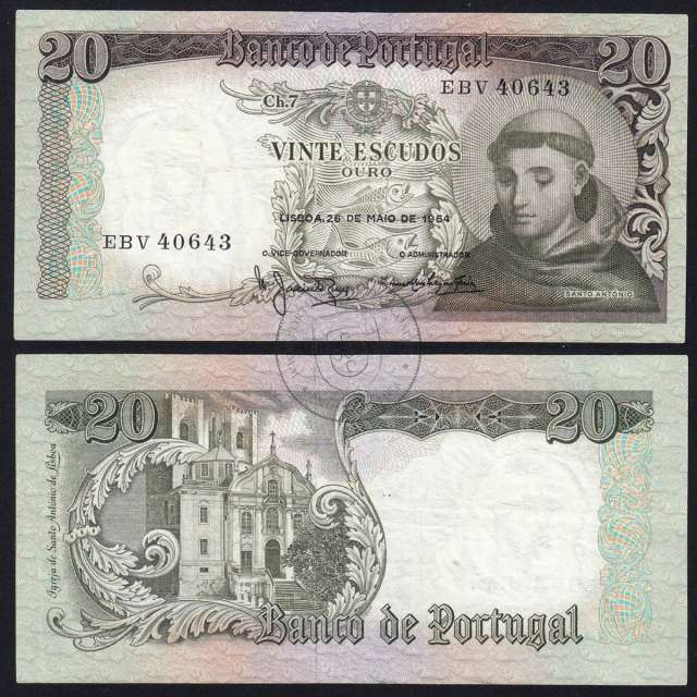 Nota de 20 Escudos 1964 Santo António, 20$00 26/05/1964 Chapa: 7 - Banco de Portugal (Circulada), Pick 167