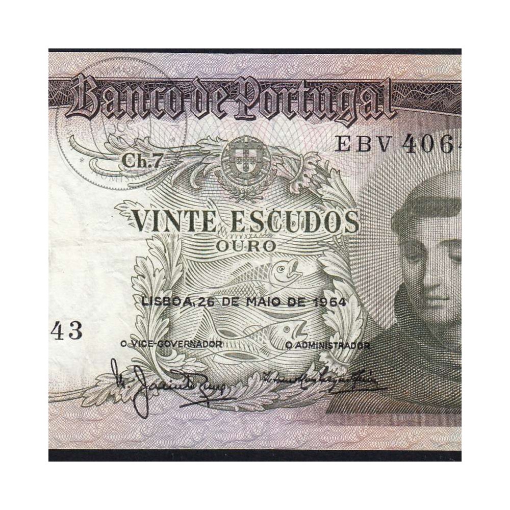 20 Escudos Banknote 1964 Saint Anthony, 20$00 26/05/1964 Plate: 7 - Bank of Portugal (Circulated), Pick 167